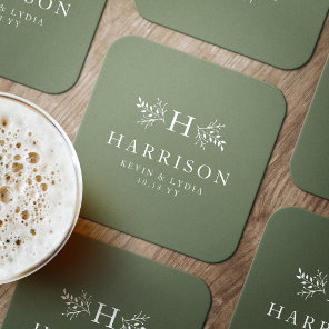 Rustic monogram sage green simple classic wedding round paper coaster