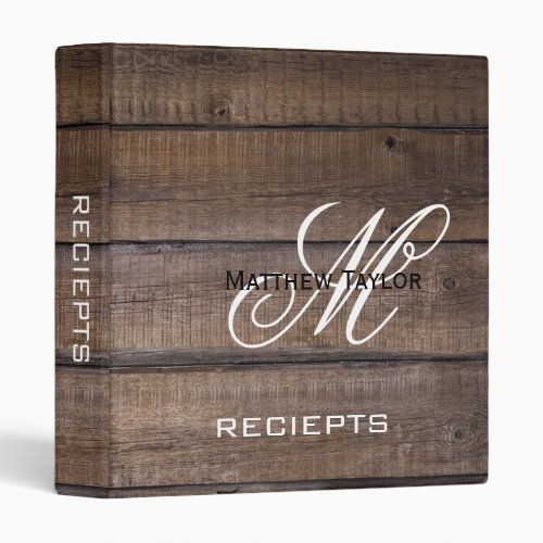 Rustic Monogram Script Receipts Office School  3 Ring Binder