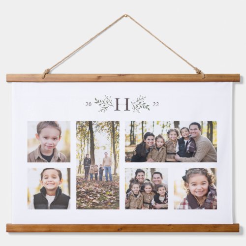 Rustic monogram six photo collage family hanging tapestry