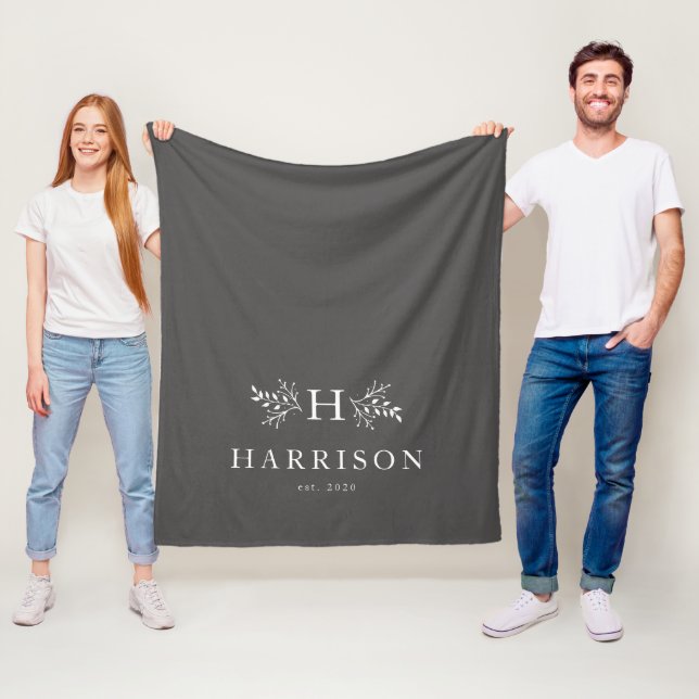 Rustic monogram slate gray newlywed blanket (In Situ)