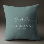 Rustic monogram soft blue personalized initial throw pillow<br><div class="desc">With a classic dusty blue background, this pillow features an initial surrounded by rustic branches along with a last name and established date. The stylish color can be changed to match your decor by clicking "customize." This pillow makes a great wedding or newlywed gift or also a "first Christmas" as...</div>