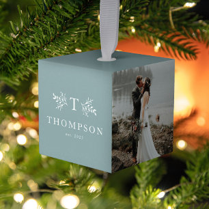 Rustic monogram soft blue three photo family name cube ornament