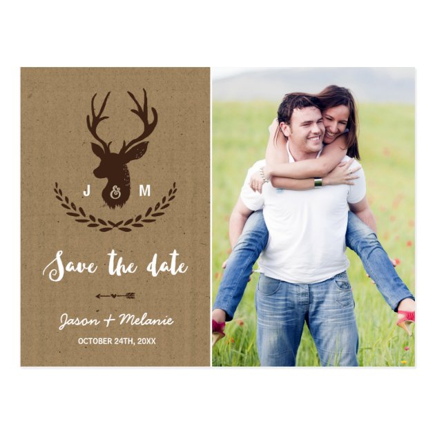 Rustic Monogram | Stag Photo Save The Date Postcard