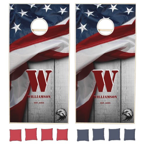 Rustic Monogram Stars and Stripes Flag Cornhole Set