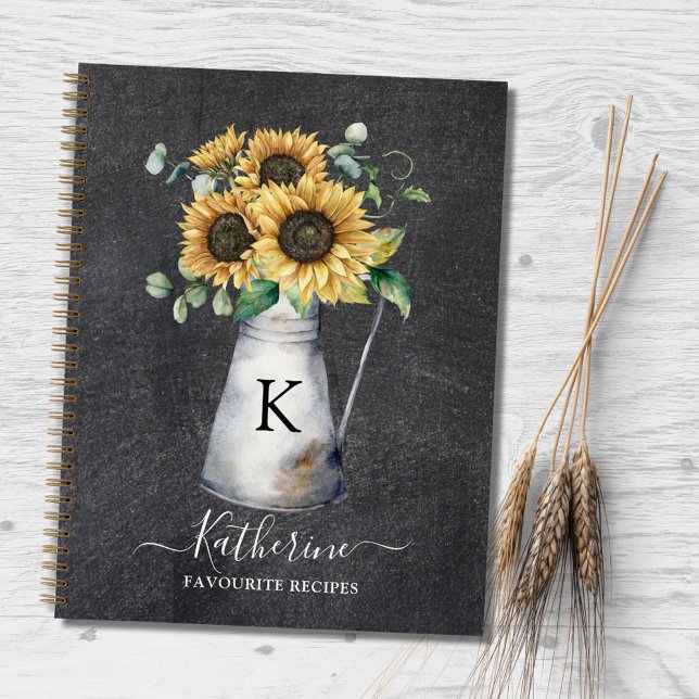 Rustic Monogram Sunflower Black Recipe Book (In situ)
