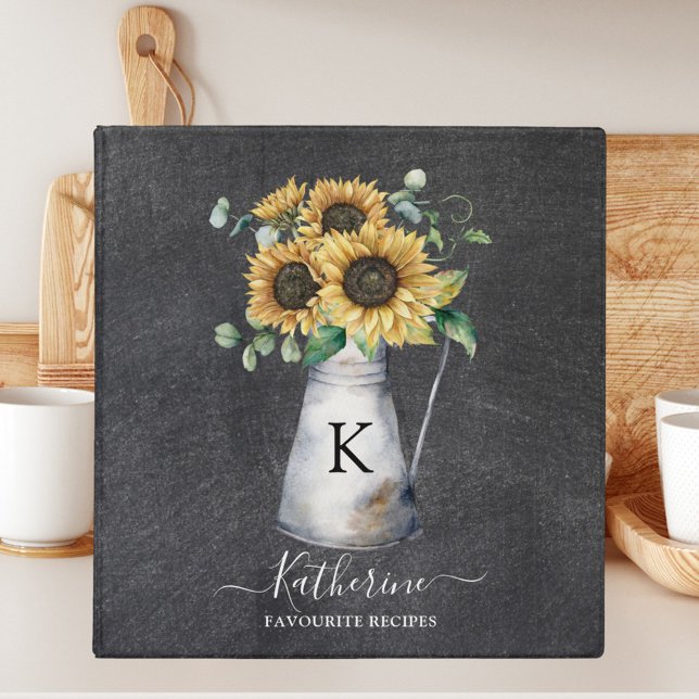Rustic Monogram Sunflower Black Recipe Cookbook 3 Ring Binder (In situ)