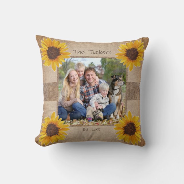 Rustic Monogram Sunflower Burlap Family Throw Pillow (Front)