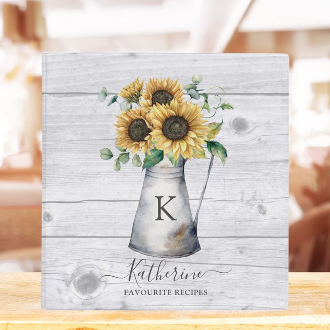 Rustic Monogram Sunflower Recipe Cookbook 3 Ring Binder (In situ on kitchen table)