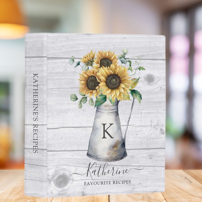 Rustic Monogram Sunflower Recipe Cookbook Mini Binder (In situ on kitchen table)