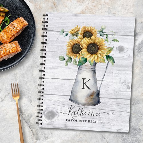 Rustic Monogram Sunflower Recipe Cookbook Notebook