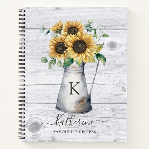 Rustic Monogram Sunflower Recipe Cookbook Notebook