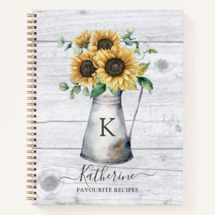 Rustic Monogram Sunflower Recipe Cookbook Notebook