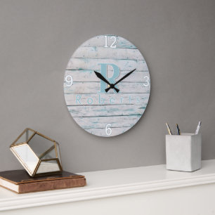 Rustic Monogram Teal Driftwood Clock