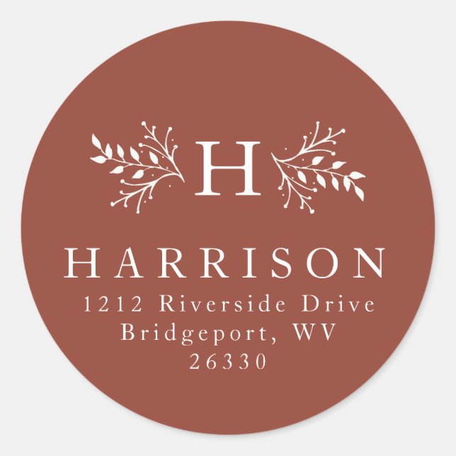 Rustic monogram terracotta fall return address  classic round sticker (Front)