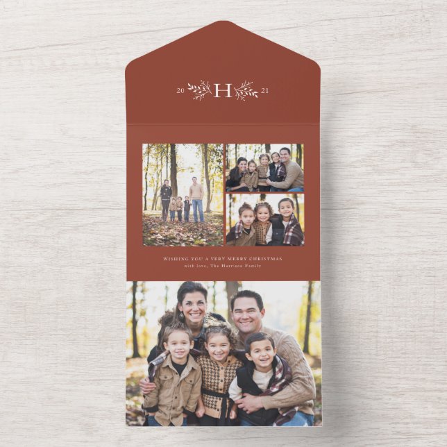Rustic monogram terracotta holiday photo collage all in one invitation (Inside)