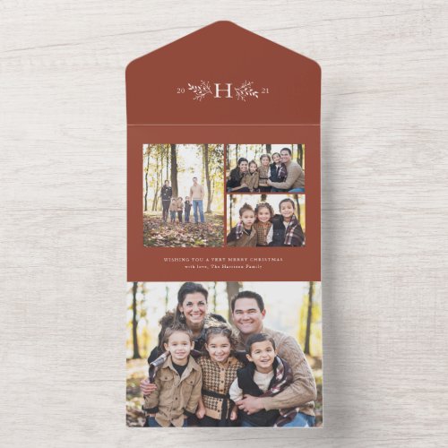 Rustic monogram terracotta holiday photo collage all in one invitation