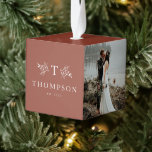 Rustic monogram terracotta newlywed photo cube ornament<br><div class="desc">This ornament features places for three photos,  plus names and date along with a monogram surrounded by rustic branches. The background color is a stylish terracotta but it can be changed by clicking "customize further."</div>