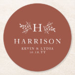 Rustic monogram terracotta rust fall wedding round paper coaster<br><div class="desc">With branches surrounding your initial, this personalized coaster makes a great touch for a wedding reception, a rehearsal dinner or even an anniversary party. It's classic with a bit of a rustic twist. The text and branches are white on a rich trendy terracotta rust-color background. Other colors are also available....</div>