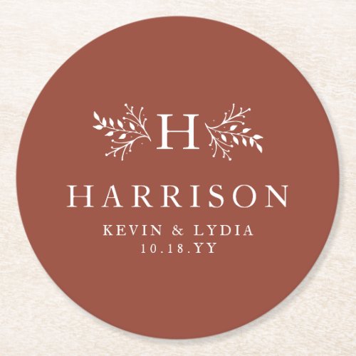 Rustic monogram terracotta rust fall wedding round paper coaster