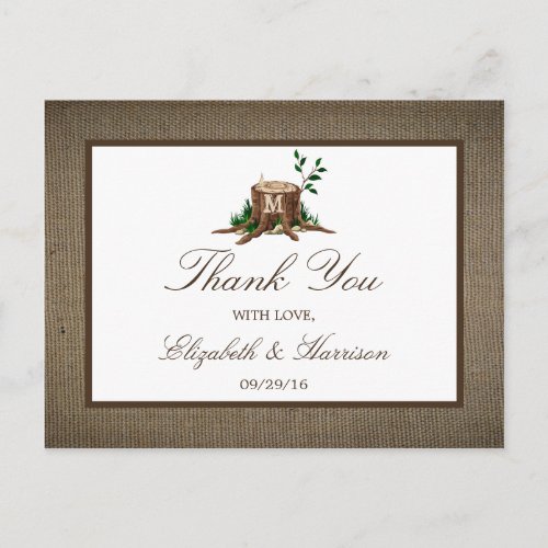 Rustic Monogram Tree  Burlap Wedding Thank You Postcard