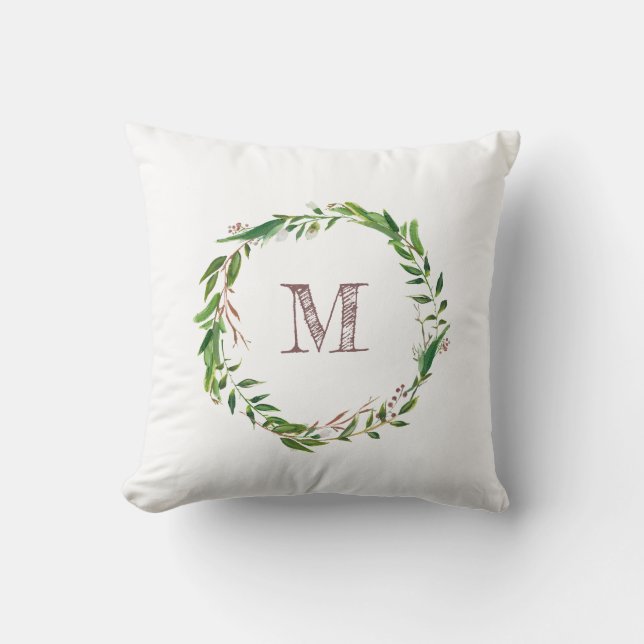 Rustic Monogram Watercolor Leaves Laurel Wreath Throw Pillow (Front)