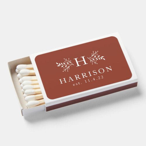 Rustic monogram wedding favor terracotta red matchboxes