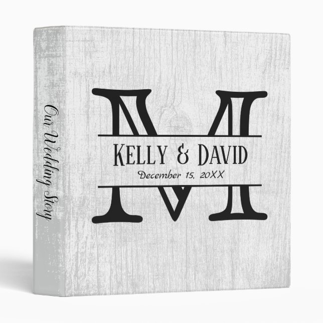 Rustic Monogram White Barn Wood Wedding Album Binder (Front/Spine)