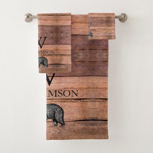 Rustic Monogram Wood Bear Family Name Bath Towel Set