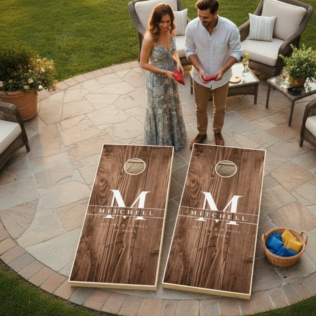 Rustic Monogram Wood Custom wedding Cornhole Set (Wood background monogram cornhole set)