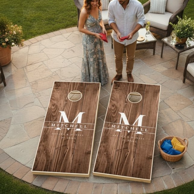 Rustic Monogram Wood Custom wedding Cornhole Set (Wood background monogram cornhole set)