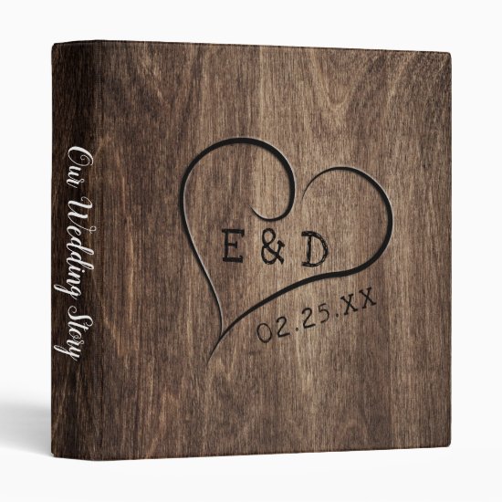 Rustic Monogram Wood Heart Wedding Album 3 Ring Binder