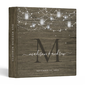 Rustic Monogram Wood String Lights Wedding Album 3 Ring Binder