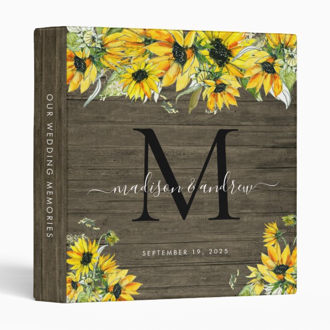 Rustic Monogram Wood Sunflower Flora Wedding Album 3 Ring Binder (Front/Spine)