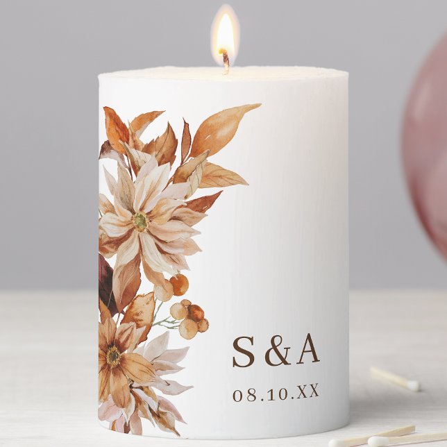 Rustic Monogrammed Boho Pillar Candle (Rustic Autumn Leaves Floral Monogrammed Boho Pillar Candle by Painted Paperie
)
