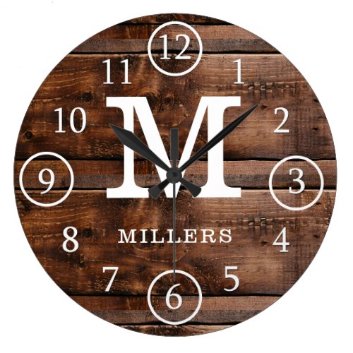 Rustic Monogrammed Dark Brown Wood Family Name Large Clock