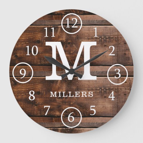 Rustic Monogrammed Dark Brown Wood  Family Name Large Clock