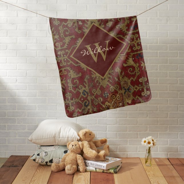 Rustic Monogrammed Oriental Persian Red Pattern  Baby Blanket (In Situ)
