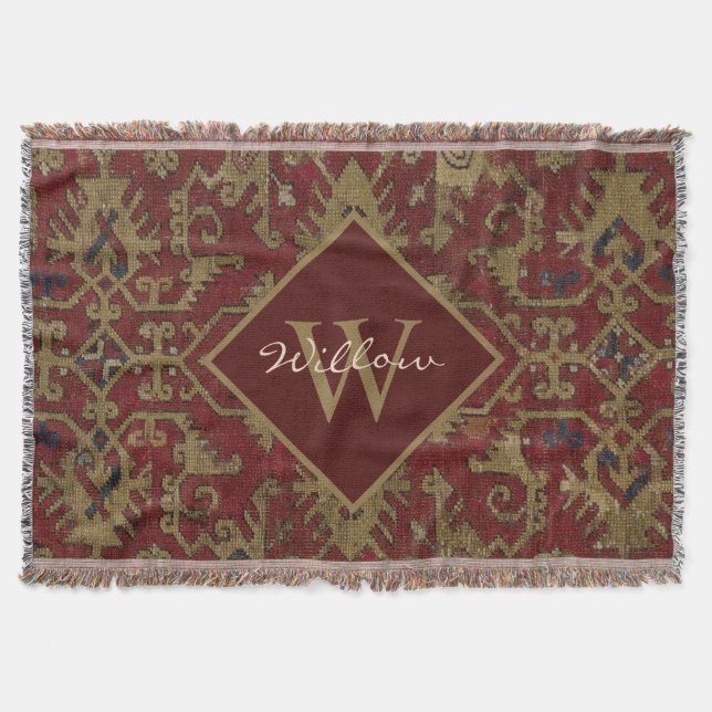 Rustic Monogrammed Oriental Persian Red Pattern Throw Blanket (Front)
