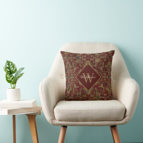 Rustic Monogrammed Oriental Persian Red Pattern Throw Pillow