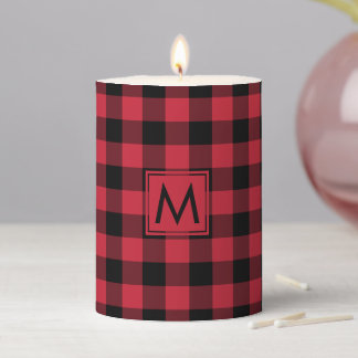 Rustic Monogrammed Red Black Buffalo Plaid Pattern Pillar Candle