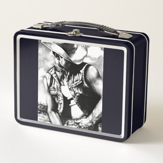 Rustic Monogrammed Western Cowboy Drawing Black Metal Lunch Box (Front)