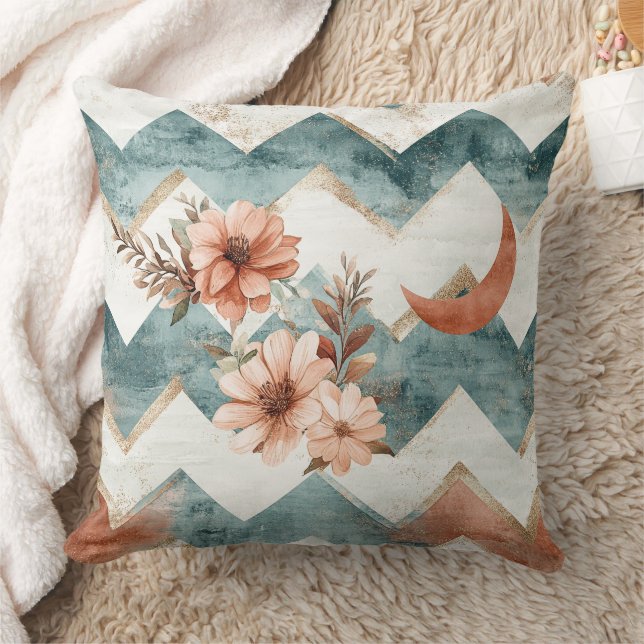 Rustic Moon Floral Chevron Earthy Pattern (1) Throw Pillow (Blanket)