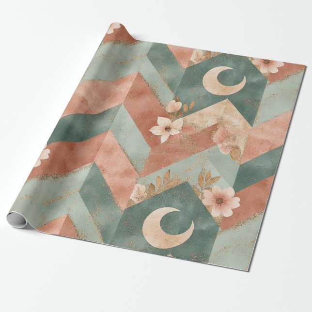 Rustic Moon Floral Chevron Earthy Pattern (7) Wrapping Paper (Unrolled)
