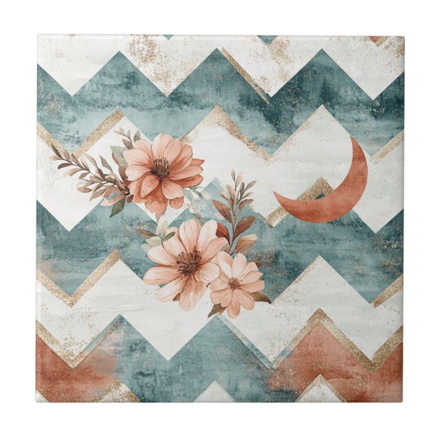 Rustic Moon Floral Chevron Earthy Pattern Ceramic Tile (Front)