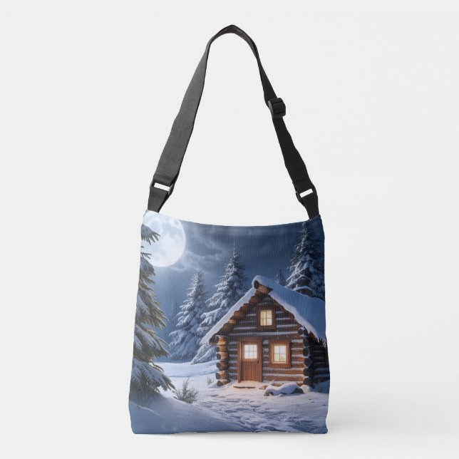 Rustic Moonlight Cozy Winter Cabin Crossbody Bag (Front)