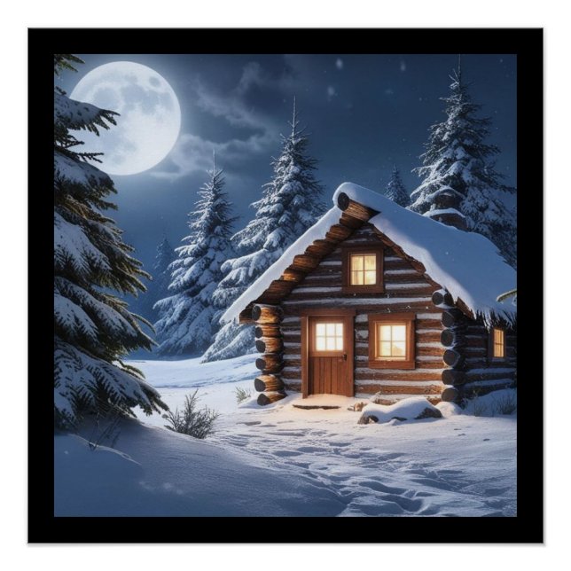Rustic Moonlight Cozy Winter Cabin Poster (Front)