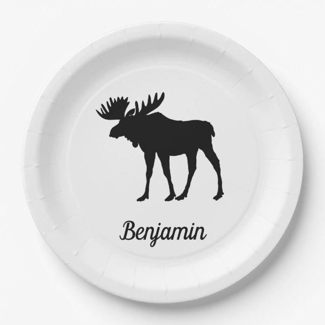 Rustic Moose Black and White Paper Plates (Front)