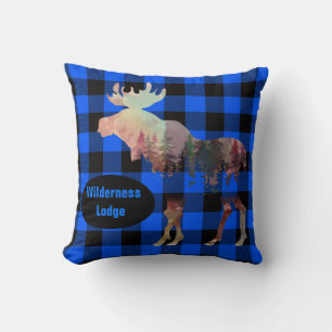 Rustic Moose Blue Plaid Add Name Throw Pillow