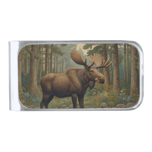 Rustic moose boho woodland forest greenery silver finish money clip