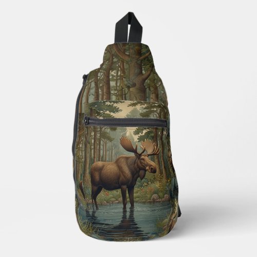 Rustic moose boho woodland forest lake stream sling bag